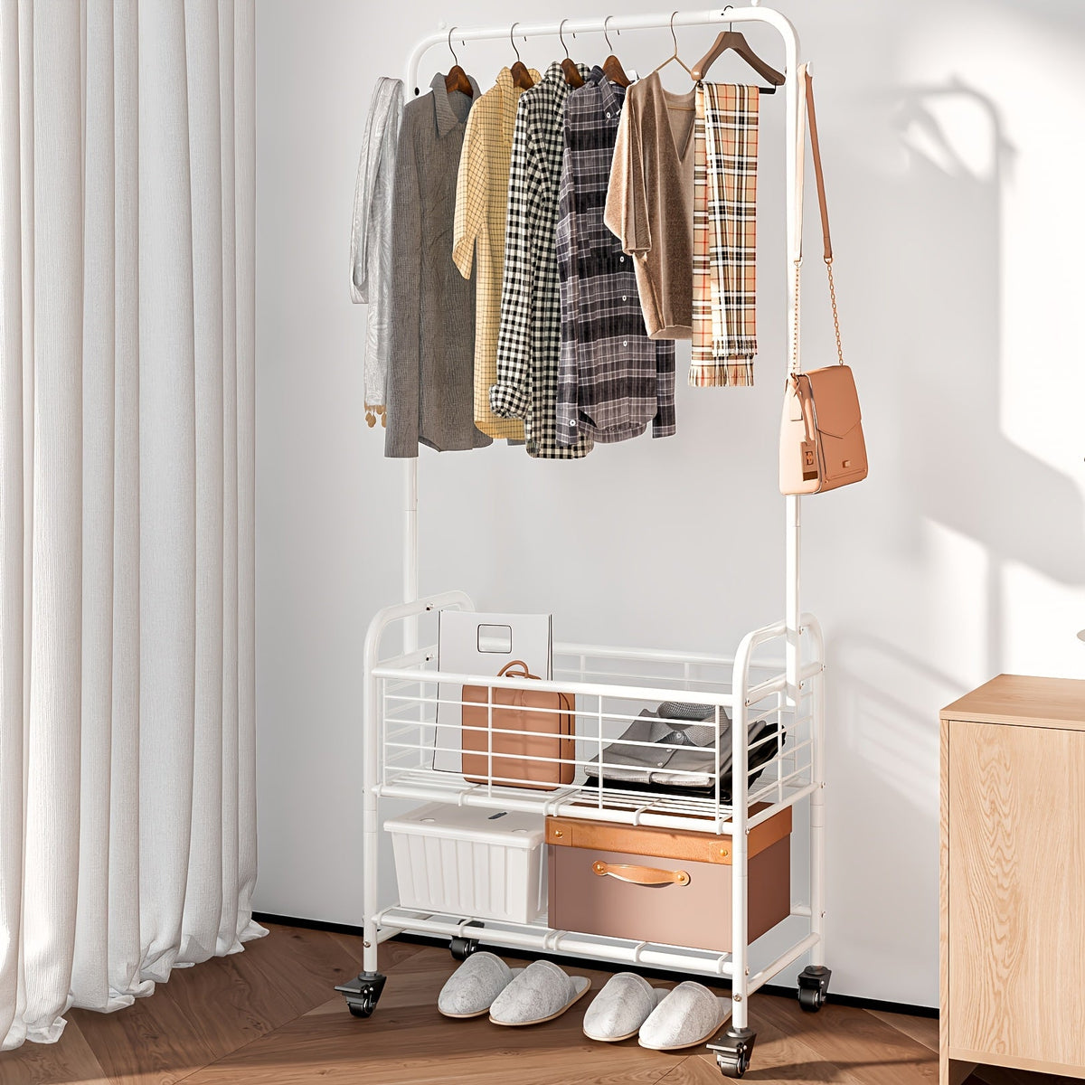 Rolling Laundry Basket with Wheels and Hanging Rack, Laundry Sorter Cart with Shelf and Locking Casters, Heavy Duty Steel Frame, Multifunctional Clothes Hamper for Laundry Room Bedroom Bathroom, White Black Silver