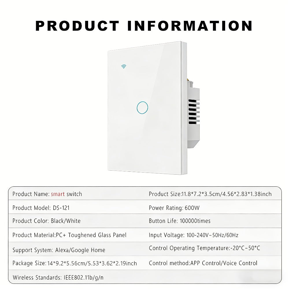 White Glass WiFi Bluetooth Touch Screen Smart Switch 1/2/3/4 Gang – Scratch-Resistant, Works with Alexa & Google Home, Tuya App, Smart Scenes, Timer, Share Function, 600W/Gang, Neutral Required