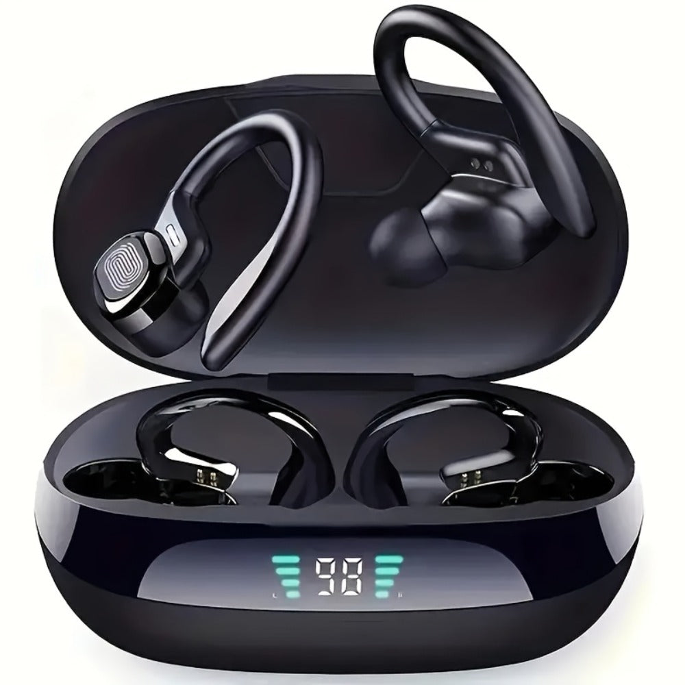 Earhook Open-Ear Sports Earbuds Bluetooth 5.4 LED Digital Display Charging Case 8H Playback Built-In Mic Wireless Headphones for Running Workout Gym Cycling Black Red