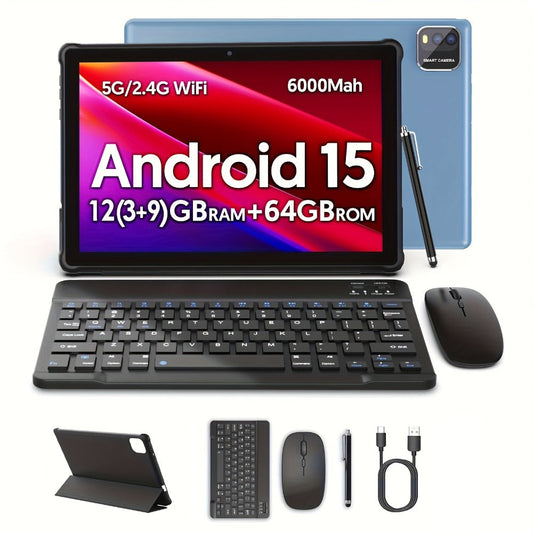 2-in-1 Android 15 Tablet 10 Inch Quad-Core 12GB RAM 64GB ROM 1TB Expandable 6000mAh Battery FHD IPS Display Dual Camera Optional Keyboard Mouse Case Stylus Three Configurations WiFi