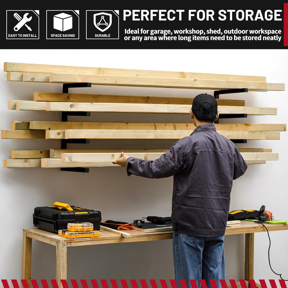Lumber Storage Rack Wall Mount 4-Level – 800 LBS Per Level Metal Wood Organizer Rack for Garage, Shed & Workshop | Heavy Duty Wall Mounted Wood Storage Rack for Lumber, Pipes & Long Materials | Black