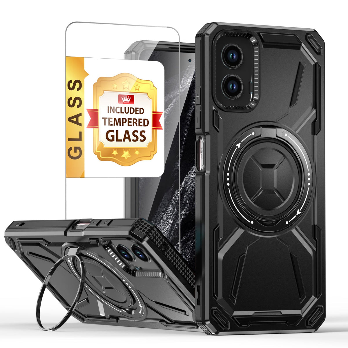 Moto G 5G 2024 Case with Tempered Glass Screen Protector & 360° Magnetic Ring Stand Kickstand – Shockproof Wireless Charging Compatible Protective Cover for Motorola Moto G 5G 2024