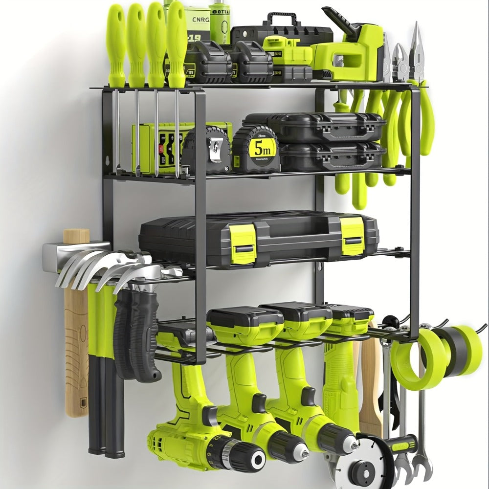 Power Drill Holder Wall Mount – Heavy Duty Tool Storage Rack with 3/4 Layer Floating Shelf | Cordless Drill Organizer | 4/6/8 Drill Holders Workshop Tool Rack for Garage & Workshop Organization