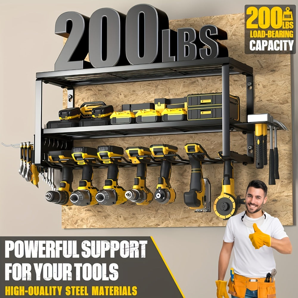 Wall Mounted Power Tool Organizer Rack – Heavy Duty Metal Drill Holder with 2/3/4 Layer Floating Shelf | Garage Tool Storage for Cordless Drills, Screwdrivers & Power Tools | No Electricity Needed