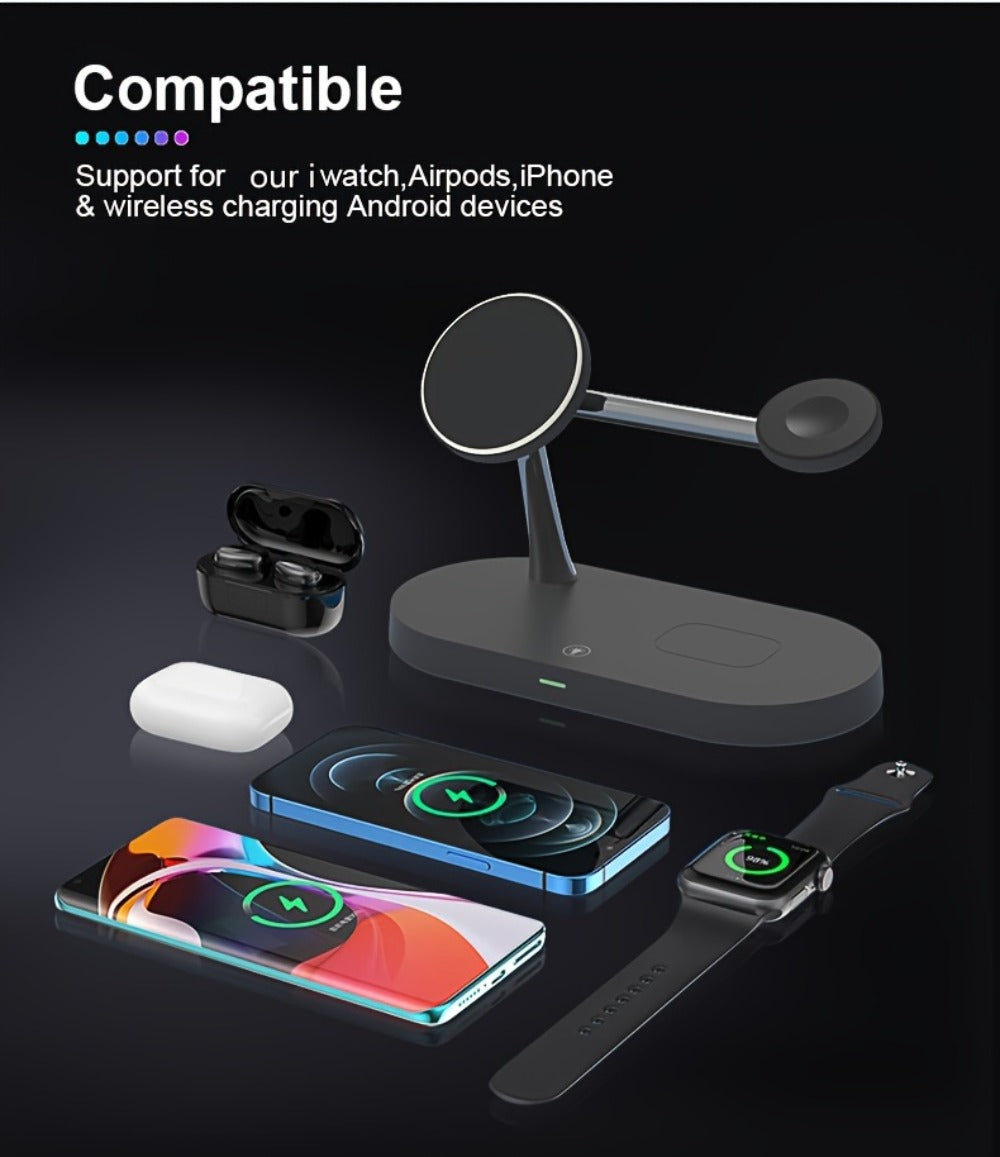 Wireless Charging Station 3-in-1 QC3.0 Adapter Included Magnetic Fast Charger Stand for iPhone 15 14 13 12 11 Pro Max Mini XR XS X SE 8, Apple Watch Series 1-9 Ultra, AirPods 4 3 2 Pro – White Black