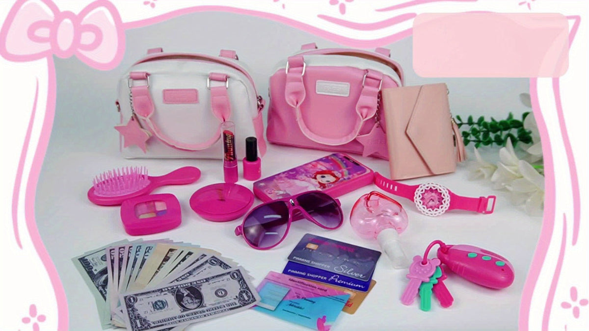 Pretend Play Purse Set with Toy Phone, Pretend Makeup, Keys & Crossbody Bag, Pink