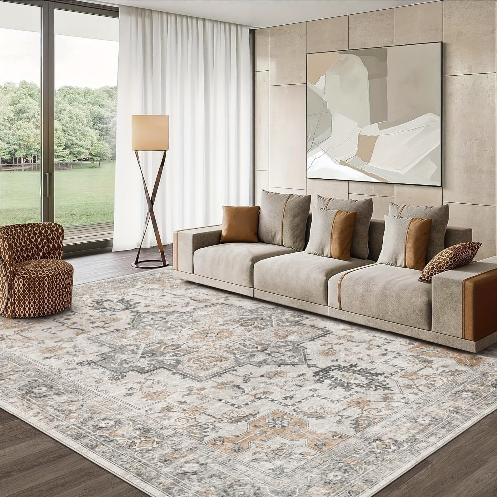 Vintage Chenille Area Rug Non-Slip Machine Washable – Retro Print Lightweight Carpet for Living Room, Bedroom, Dining Area & Home Office – Light Taupe Brown, 8 Sizes