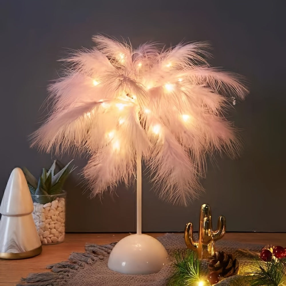Feather LED Table Lamp – 40-Head Copper Wire Night Light, Romantic Atmosphere Lamp for Bedroom Living Room, Cute Desk Decor Light for Birthday Valentine's Day Gift (White / Pink, 1pc / 2pcs)
