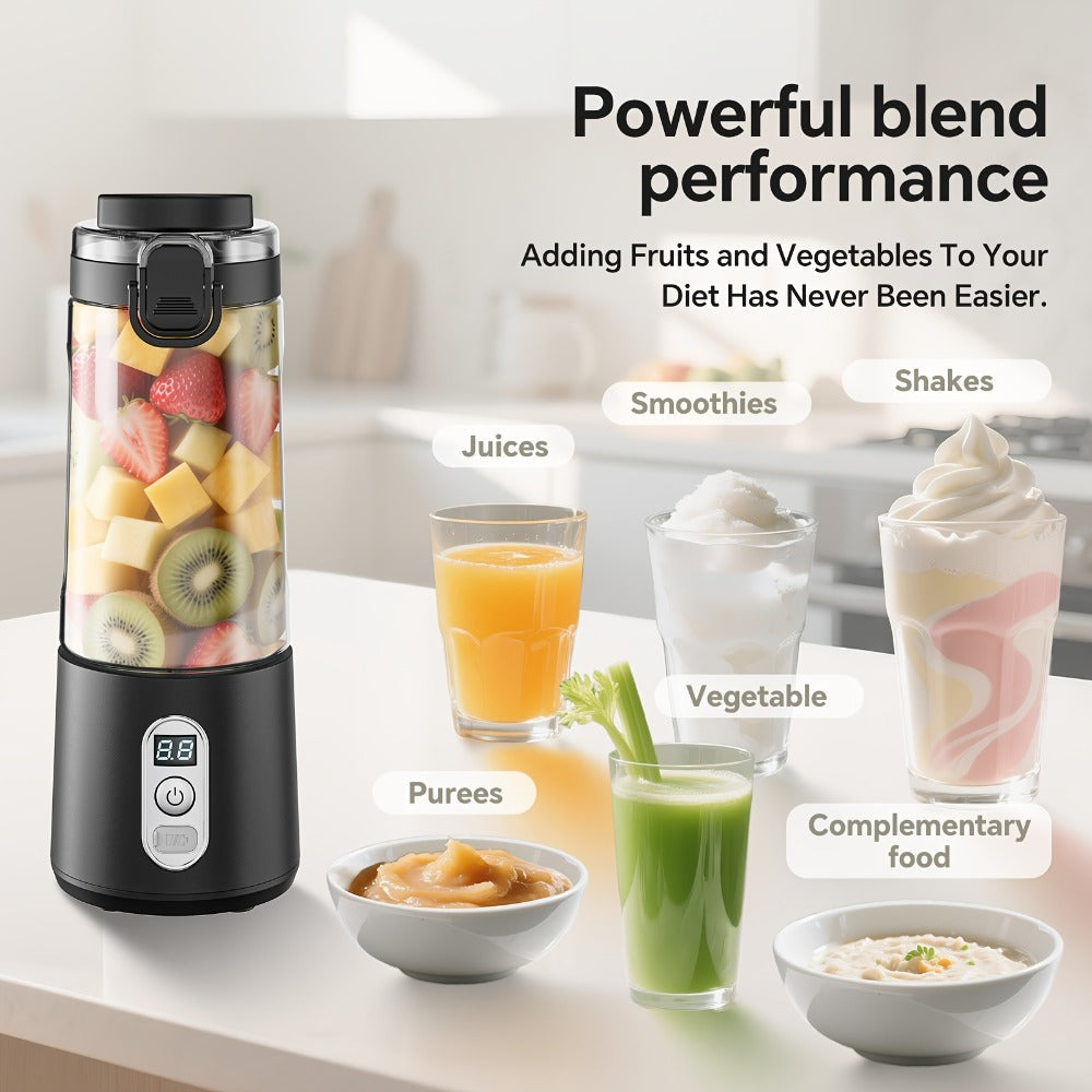 Portable Smoothie Blender USB-C Fast Charge 6-Blade Stainless Steel – Digital Timer Battery Display High-Speed Ice Crush No-Spill Lid | Protein Shake Gym Travel Blender in Black Pink White