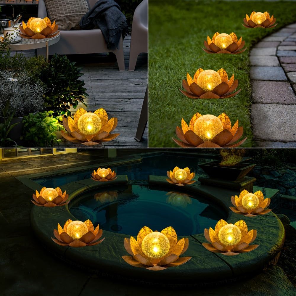 Solar Lotus Cracked Glass Ball Garden Lamp 2pcs – Waterproof Metal Cracked Ball Solar Light for Outdoor & Indoor Decoration | Garden, Balcony, Dining Table & Living Room Decor | Father’s Day Gift
