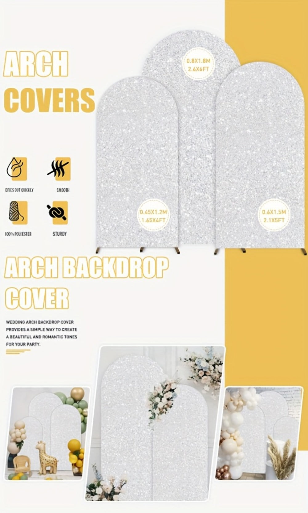 Sequins Wedding Arch Cover Set of 3 Sizes 4ft 5ft 6ft Metallic Spandex Arch Backdrop Cover Payette Glitter Arch Stand Cover for Wedding Birthday Party Decoration