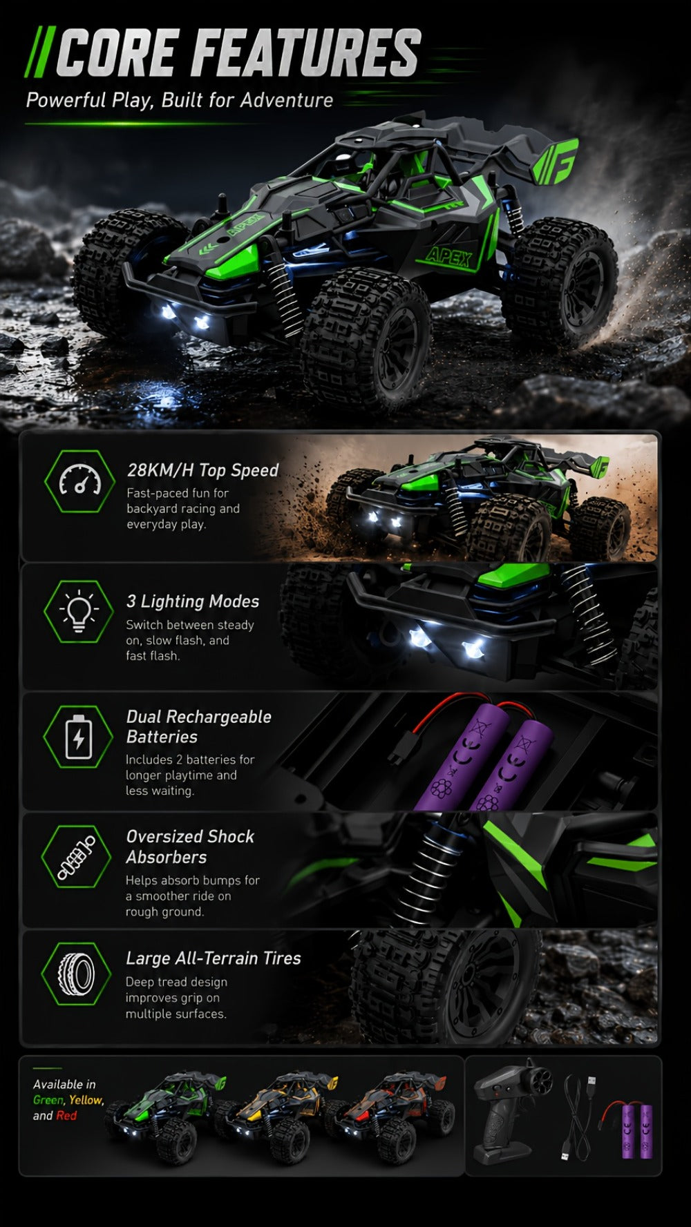 RC Monster Truck 1:20 Scale 4WD with LED Headlights, 2.4GHz All-Terrain Off-Road