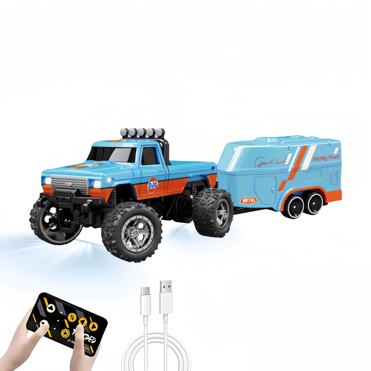 Mini RC Truck 1:64 Scale – 2.4GHz Alloy Off-Road Crawler with Detachable Trailer & LED Lights