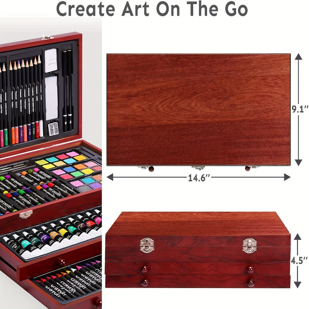 175-Piece Deluxe Art Set in Wooden Case – Drawing Pads Crayons Acrylic Paints Colored Pencils Complete Professional Art Kit Gift for Kids Teens Adults Birthday Christmas