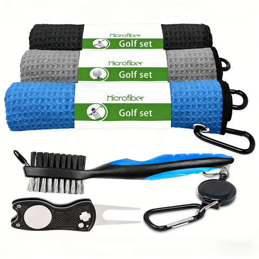 Golf Towel Set with Microfiber Waffle Towel, Club Brush and Divot Tool