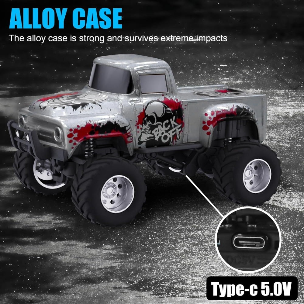 RC Monster Truck 1:64 Scale Alloy Shell with LED Lights | Multi-Control Modes, Adjustable Speed & Steering | Mini Off-Road Toy Car for Kids Adults