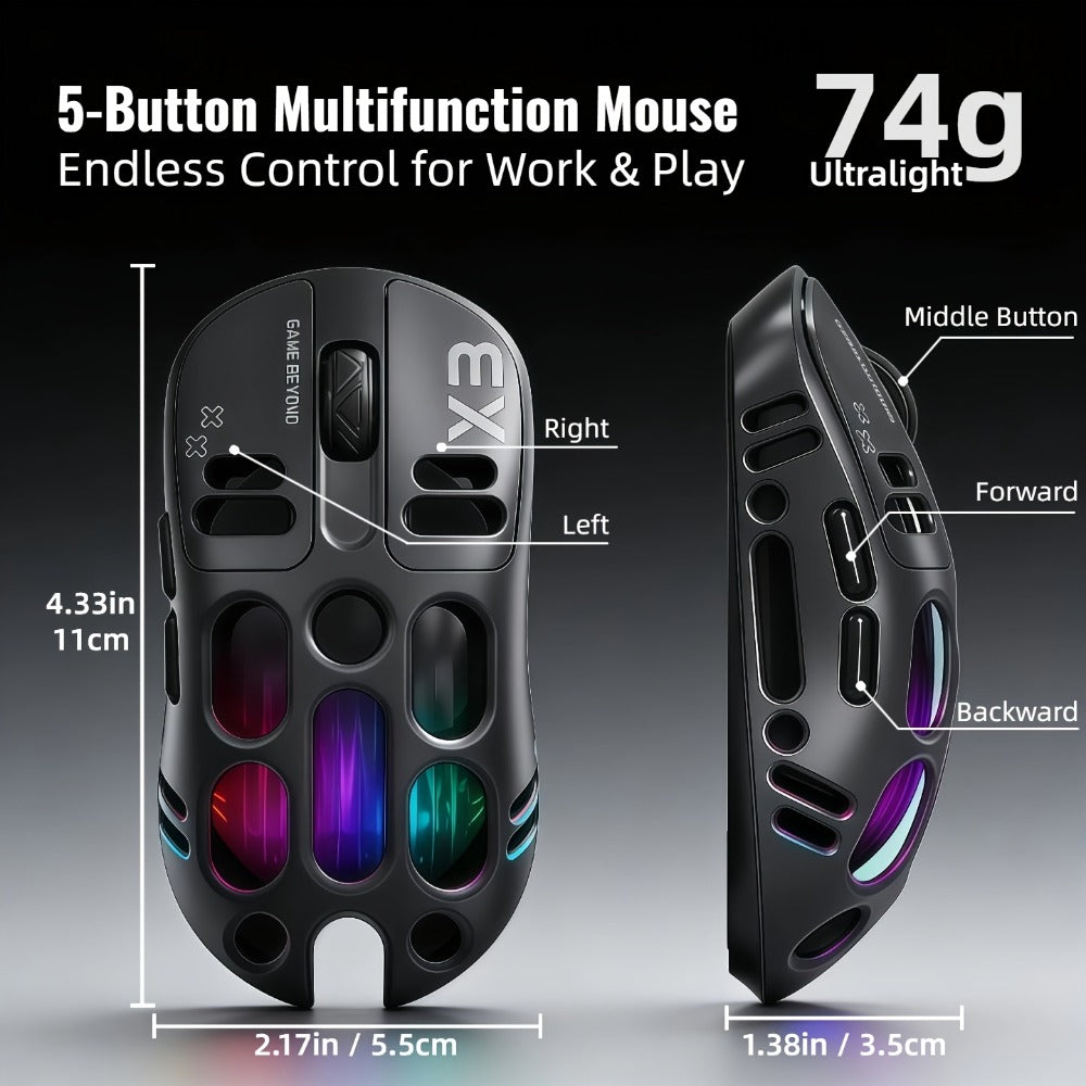 Bluetooth 5.0 2.4G Dual Mode Wireless RGB Gaming Mouse Silent 6 Button Ergonomic USB-C Rechargeable Breathing Light for PC Laptop Mac Tablet Office Gaming Tech Black Star Black White Gray