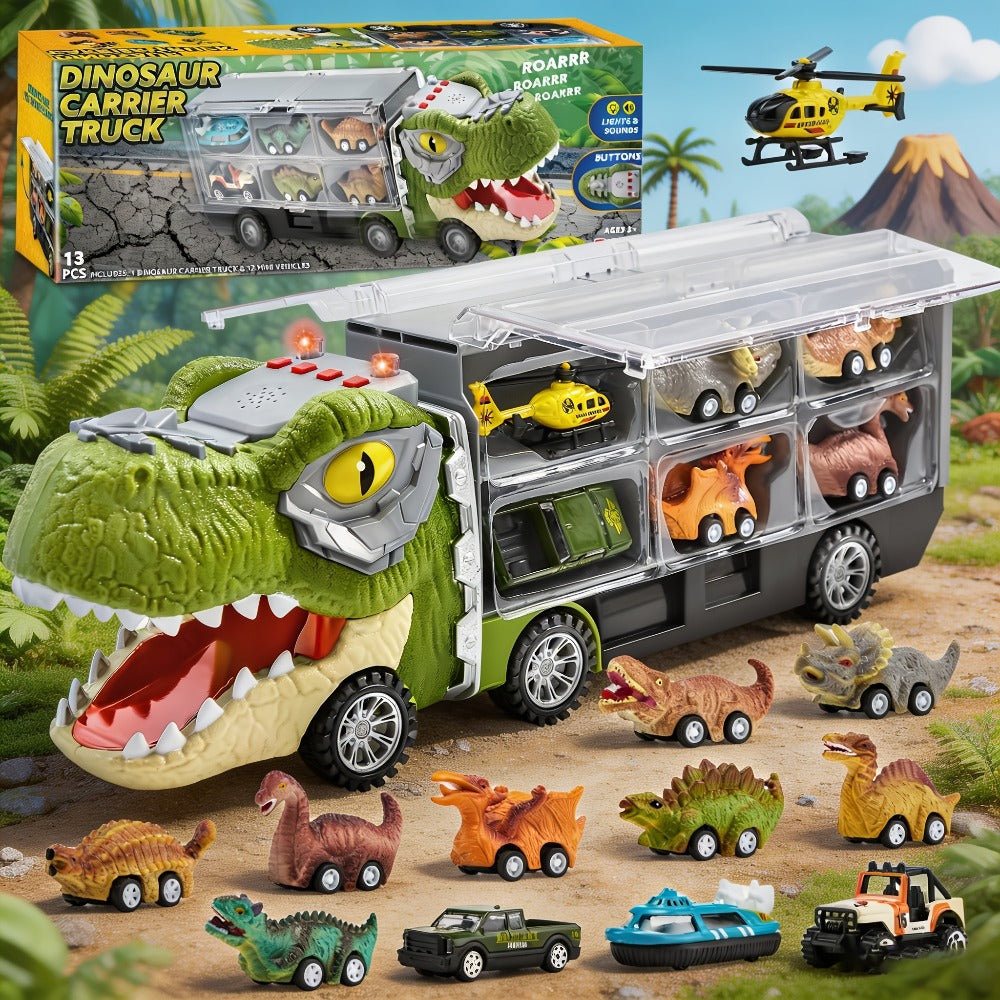 Dinosaur Truck Toy Set, 13-Piece Carrier with Mini Cars and Helicopter