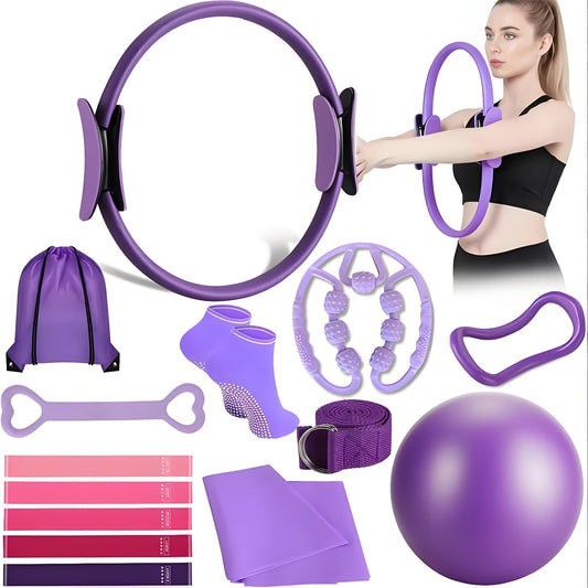 Pilates Equipment Set, 14-Piece Kit with 13-Inch Ring, 9-Inch Ball and Resistance Bands
