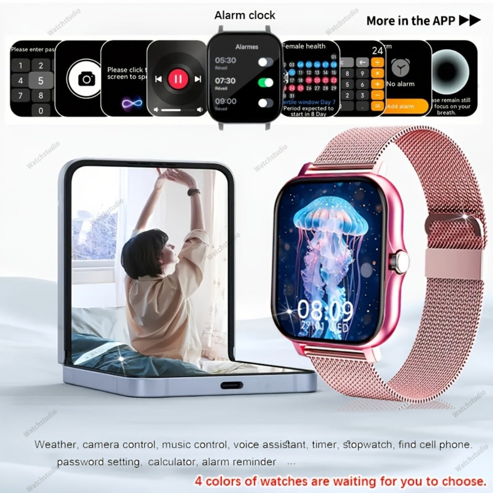 Gift Smartwatch Metal Strap – Wireless Calling, Music Player, App Notifications, Sports Mode, USB Rechargeable – Elegant Watch Gift for Women & Men Pink Black Silver Gold Android & iPhone