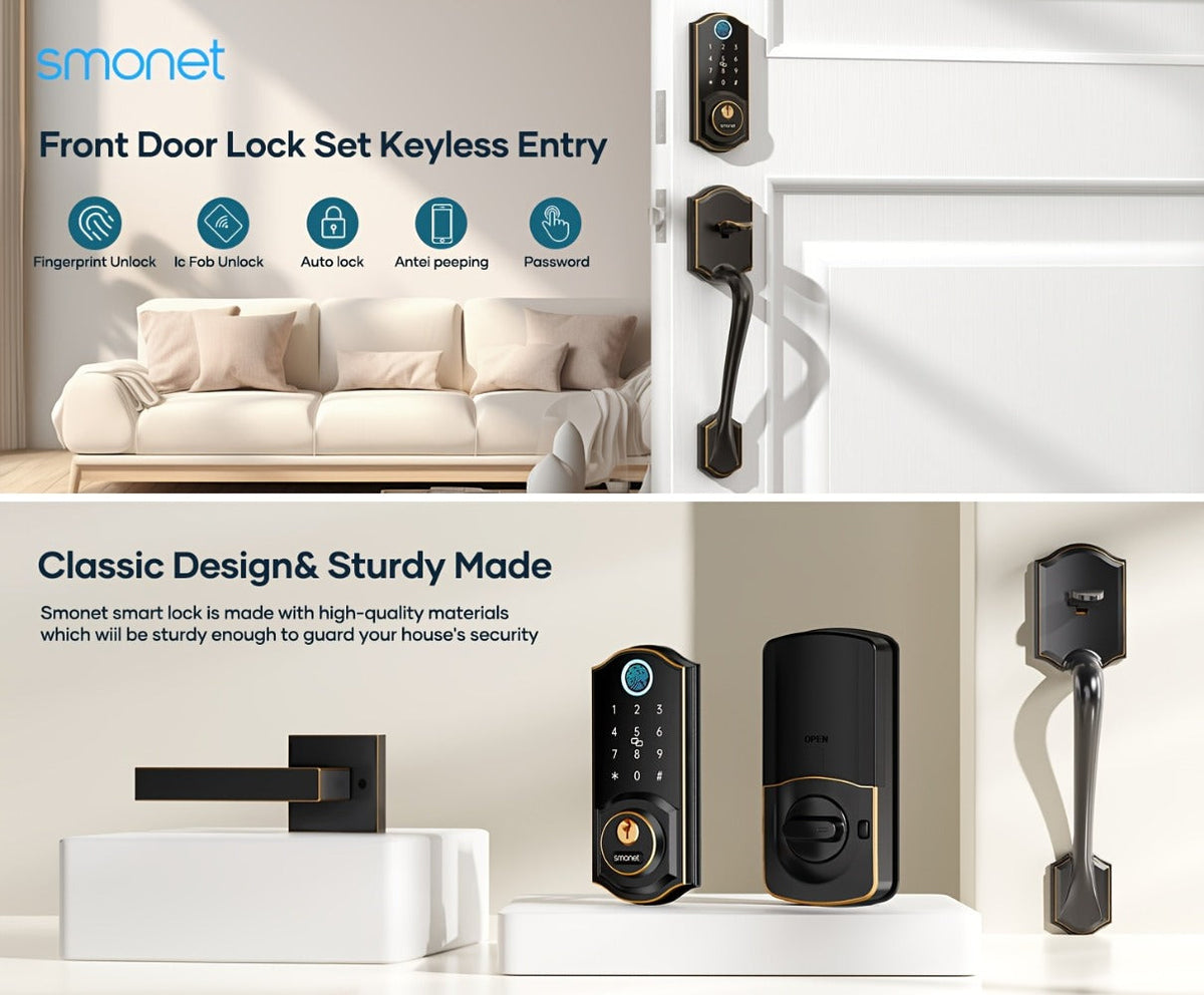 SMONET Smart Deadbolt Lock Set with Handle - Fingerprint, Bluetooth App & Keypad, Auto-Lock, Keyless Entry for Home, Office, Airbnb & Hotel, Oil Rubbed Bronze, Black & Silver