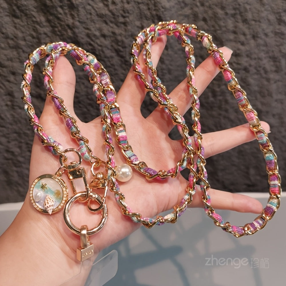 Metal Chain Phone Crossbody Strap Painted Fabric Long Lanyard Fashionable Disc Button Shoulder Phone Strap – Hands-Free for Women Daily Shopping Travel Outdoor Gift