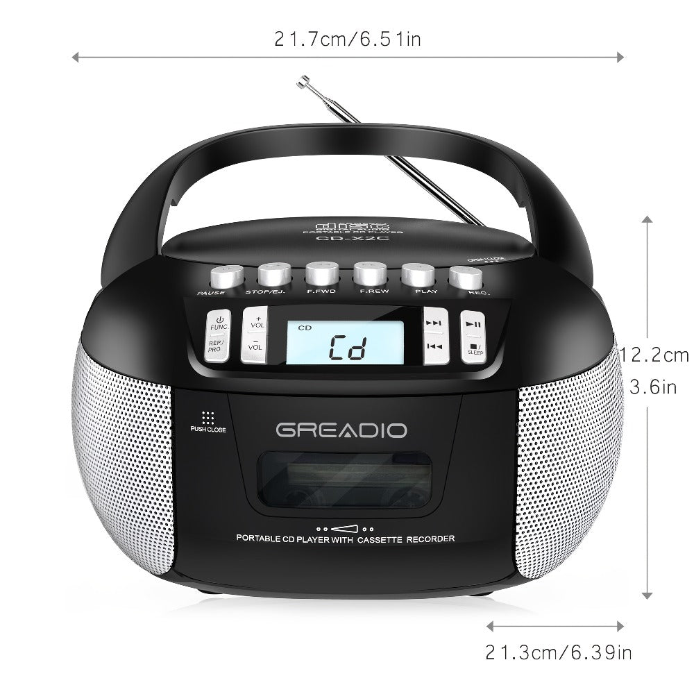 CD and Cassette Player Combo Boombox Portable AM FM Radio Tape Recording Stereo Sound AC DC Powered AUX Headphone Jack Sleep Timer for Home Seniors