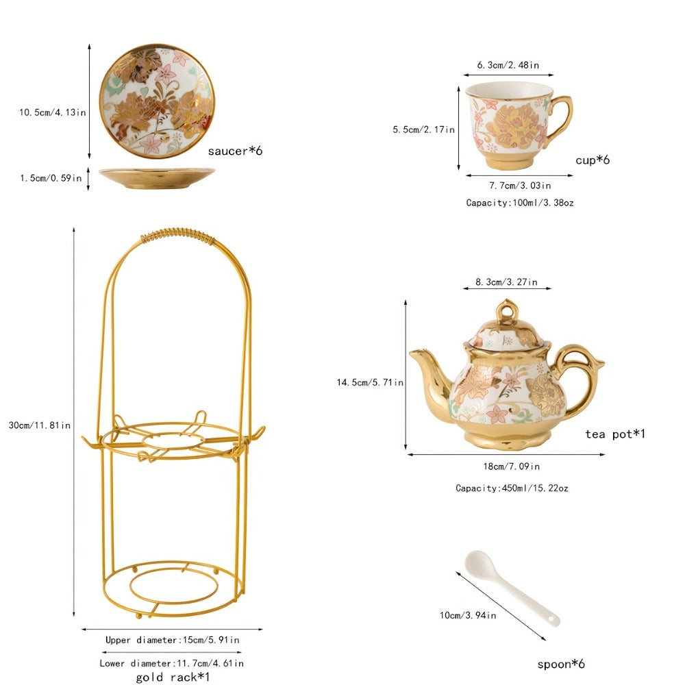 Floral Ceramic Tea Set 20 Pcs – European Porcelain Tea Cups & Saucers with Metal Holder & 15 Oz Teapot – Luxury Arabic Coffee Cup Set for Espresso, Cappuccino & Afternoon Tea – Elegant Gift