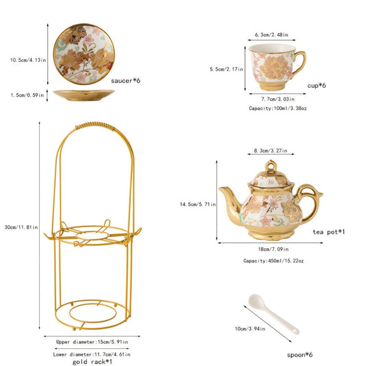 Golden Flower Porcelain Tea Set, 20 Pieces with Teapot, Cups, Saucers and Metal Holder