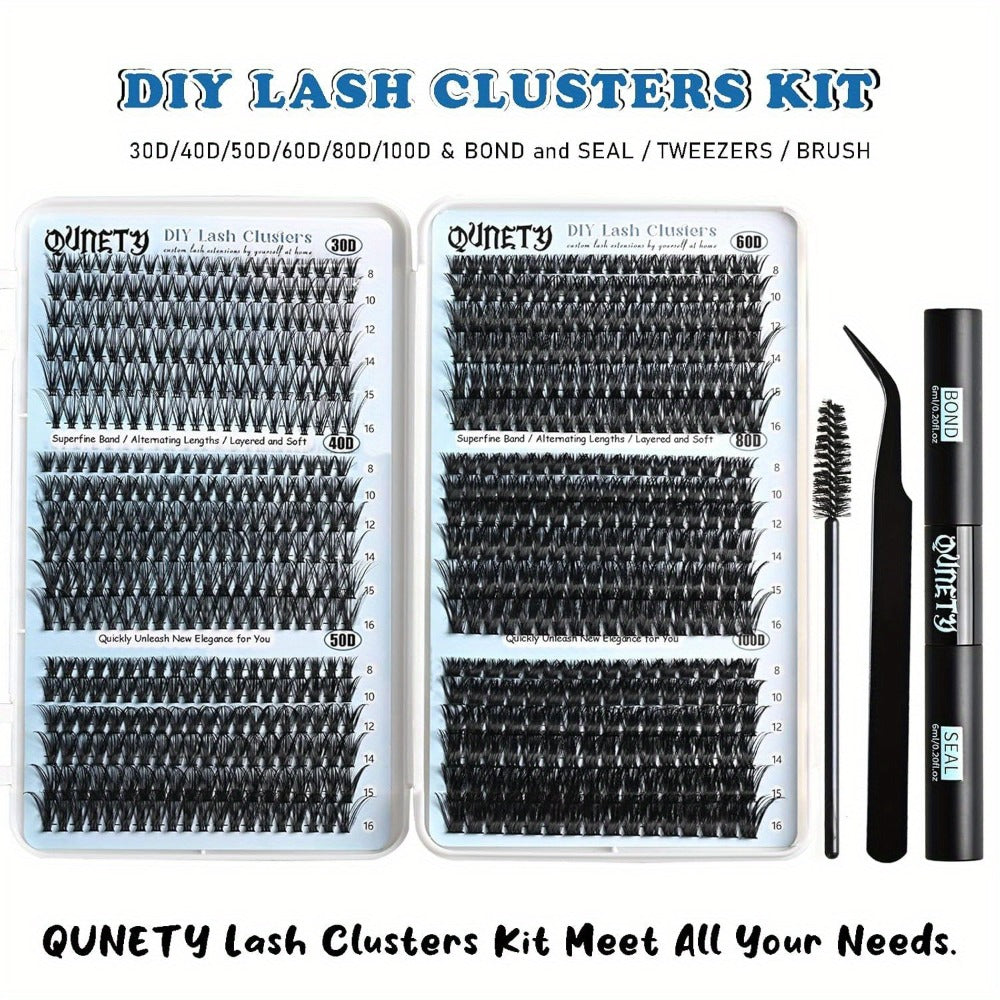 Complete 720-Piece Handmade Cluster Lash Kit with Glue & Tweezers — 30D to 100D, 6 Styles & Lengths, Lightweight No-Irritation Formula for Natural & Volume DIY Eyelash Extensions