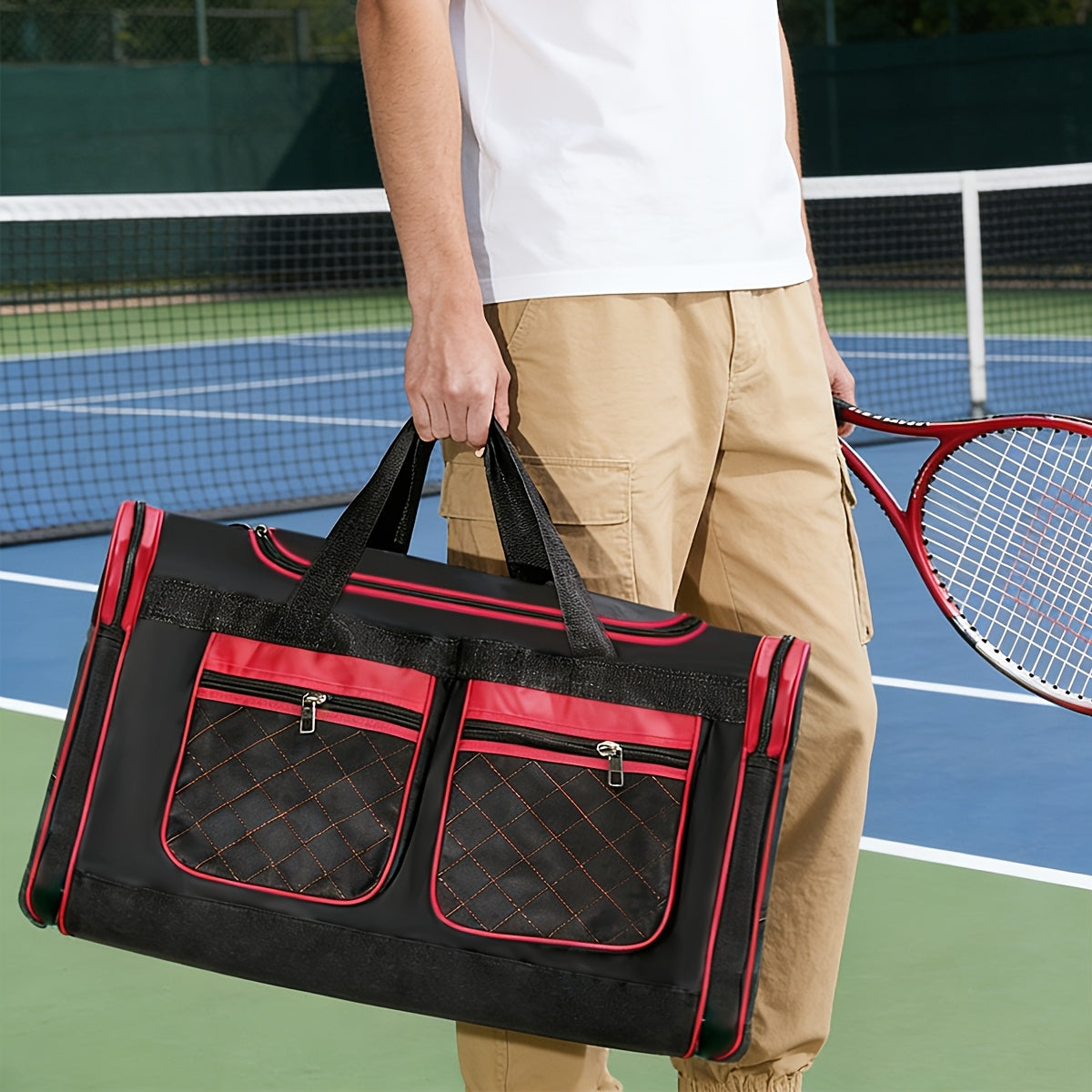 Gym Duffel Bag Large Capacity Travel Bag for Men Women Heavy Duty Polyester Multi Pocket Adjustable Shoulder Strap Zipper Closure for Fitness Workout Weekend Trips Business Travel Outdoor Black Blue Red