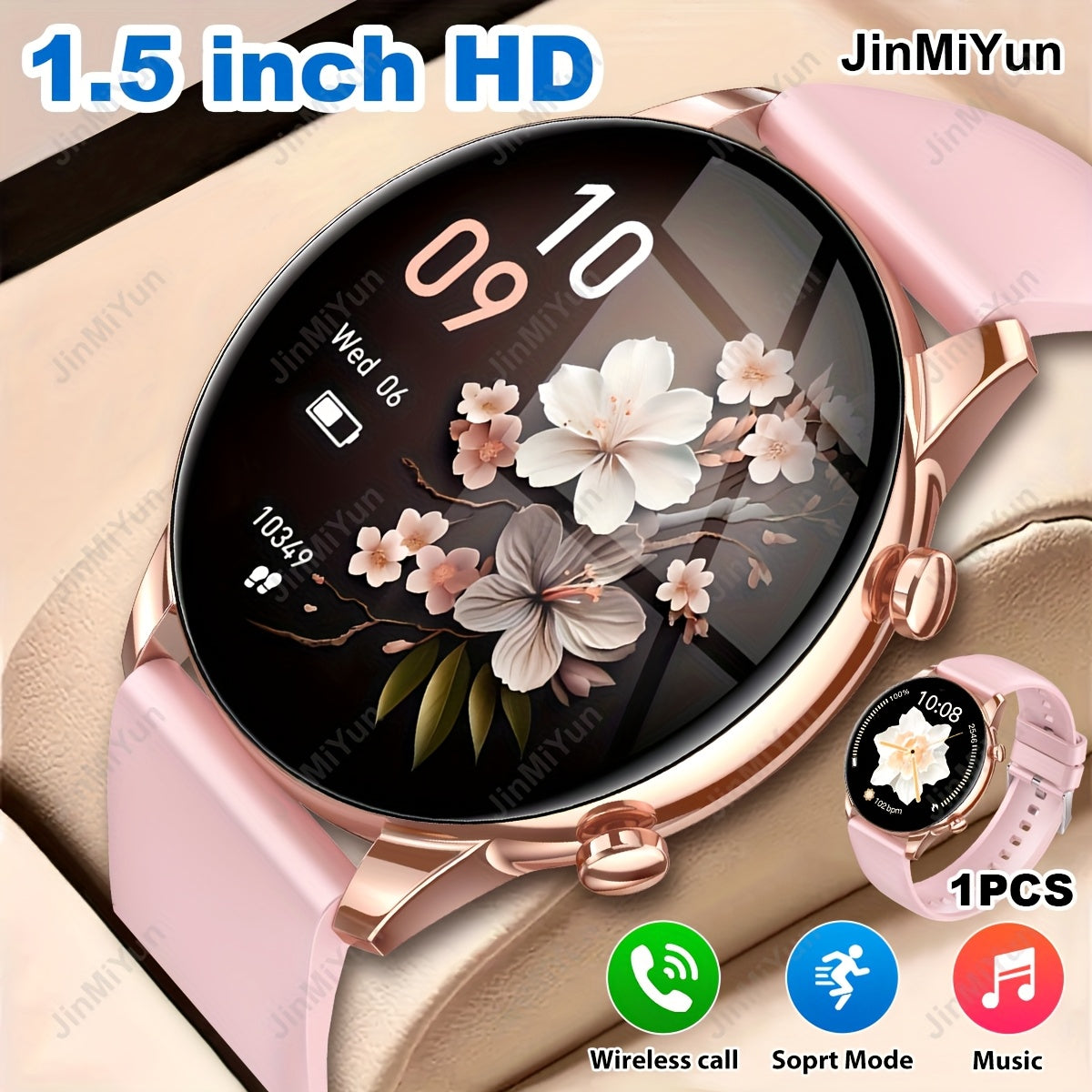 Remote Photo Capture Smartwatch 1.5 Inch Full Touch Screen Wireless Calling Music Playback Multiple Sport Modes Heart Rate Blood Oxygen Sleep Activity Tracker Message Alerts Outdoor Fitness Watch Men Women Black Silver Gold Pink