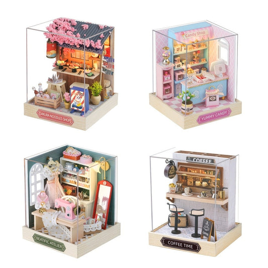 DIY Wooden Miniature Shop Kit with Dust Cover in Four Themes