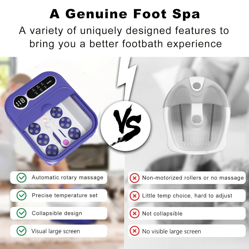 Foot Spa Massager Collapsible with Heater & Temperature Control – Foot Bath with Bubbles, 6 Massage Rollers, Vibration, Red Light Therapy & Auto Massage for Home Foot Care, Black Blue