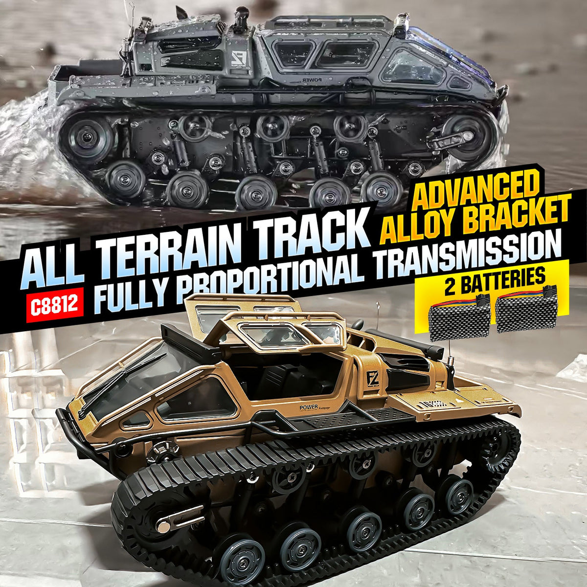 Full-Proportional RC Tracked Tank with LED Lights, Alloy Body Military Vehicle, Grey or Brown