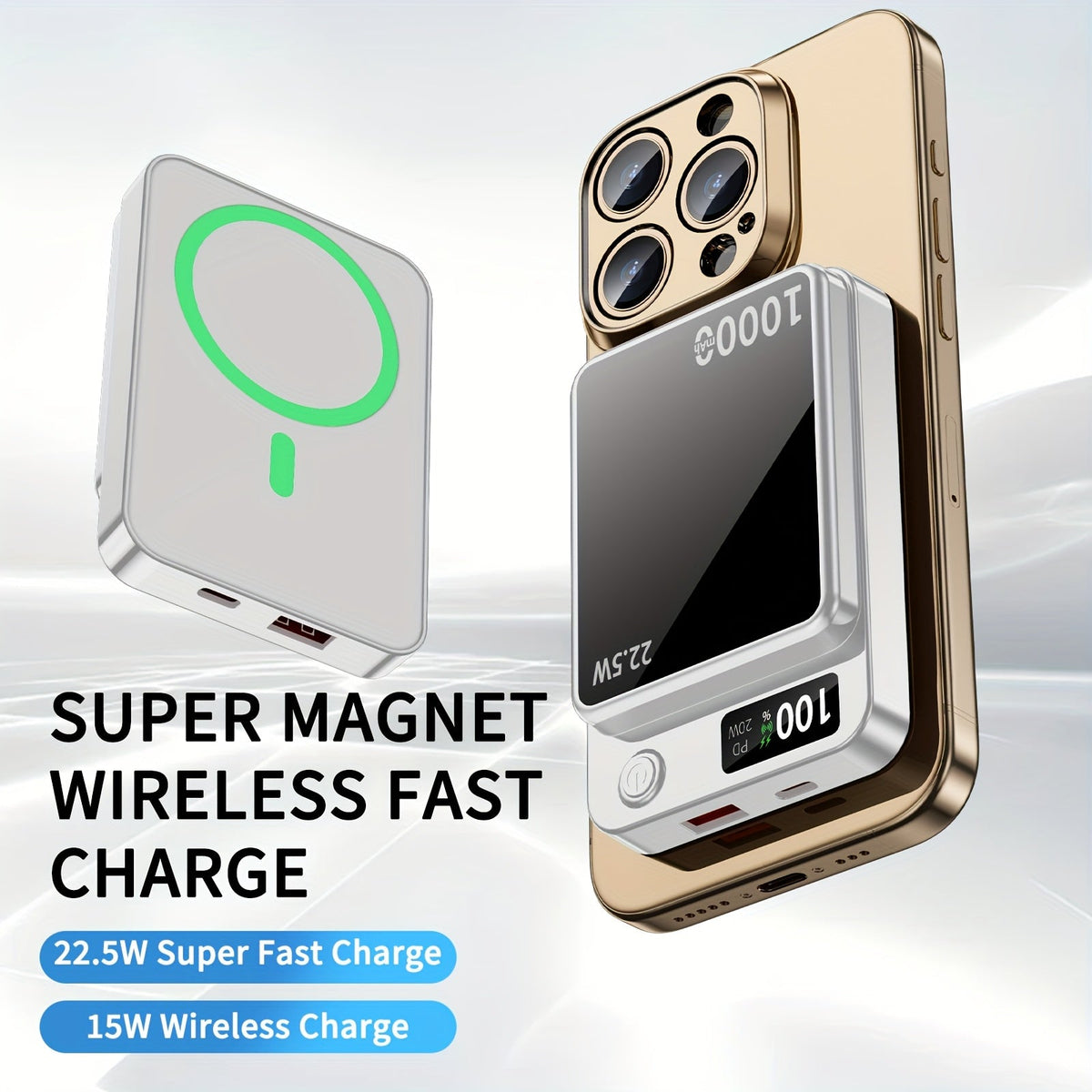 Magnetic Wireless Power Bank 10000mAh MagSafe Compatible 22.5W USB-C Fast Charging with LED Display – Portable Snap-On Battery Pack for iPhone 16 15 14 13 12 Series & Android Smartphones