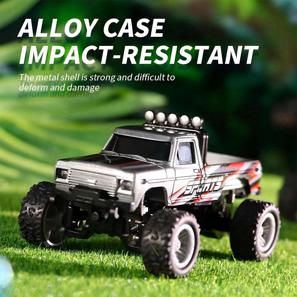 Mini RC Monster Truck, 1:64 Scale Alloy Body with LED Lights, Blue