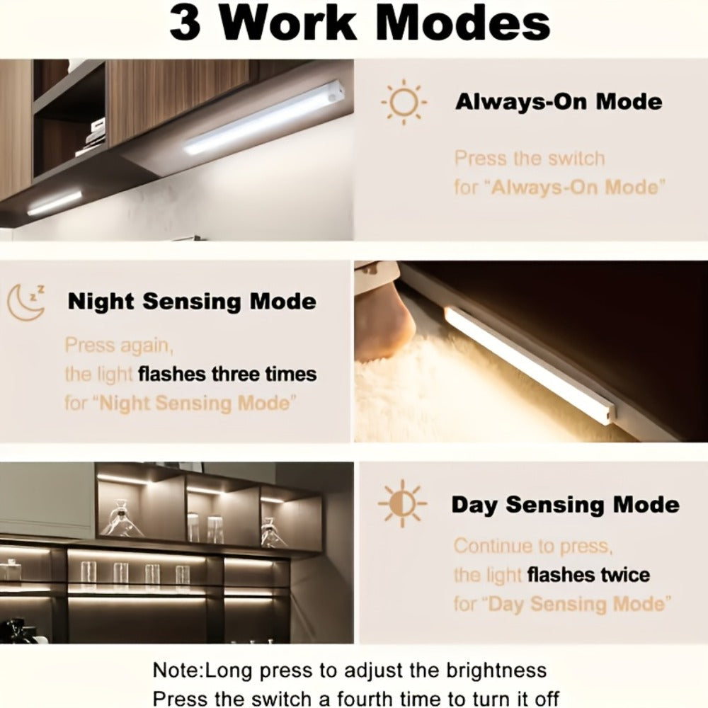 LED Motion Sensor Cabinet Lights USB Rechargeable 3 Modes – Wireless Night Light 6 9 12 Pack 3 Sizes for Bedroom Staircase Kitchen Office Piano Room Dance Studio Bedside Reading