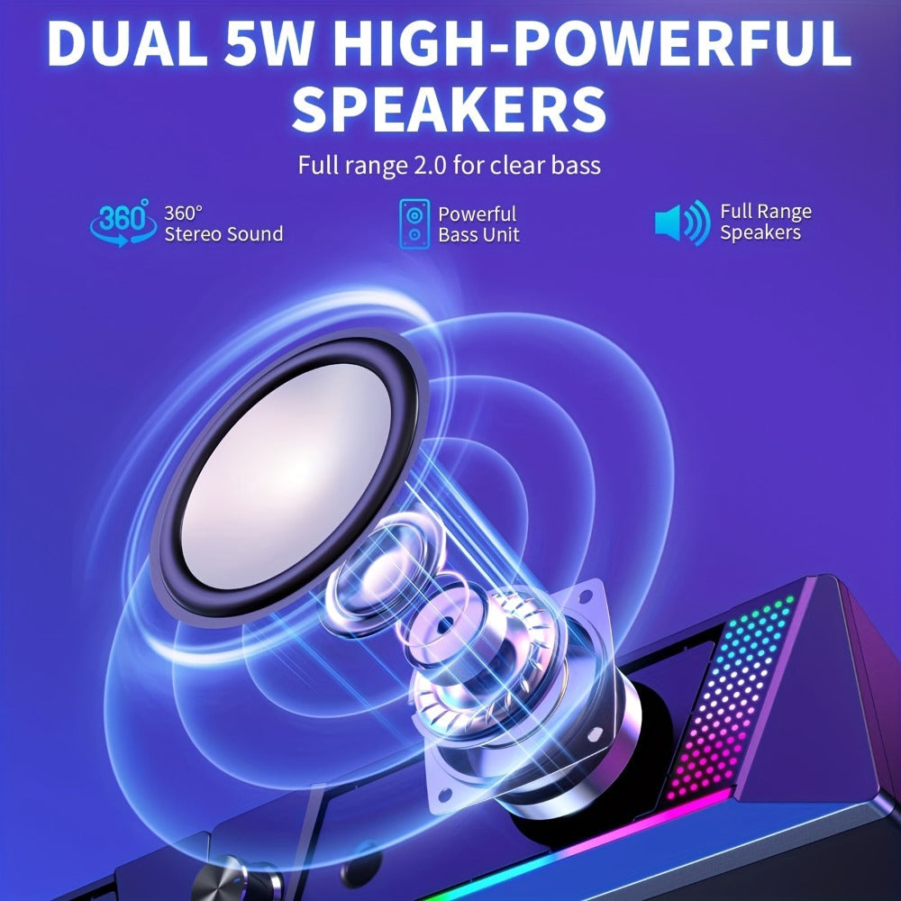2-in-1 RGB Gaming Computer Speakers Wired, PC Desktop Laptop Soundbar with Subwoofer, Volume Control, RGB Ambient Light, USB Powered, 3.5mm Aux Input for Home Office Gaming
