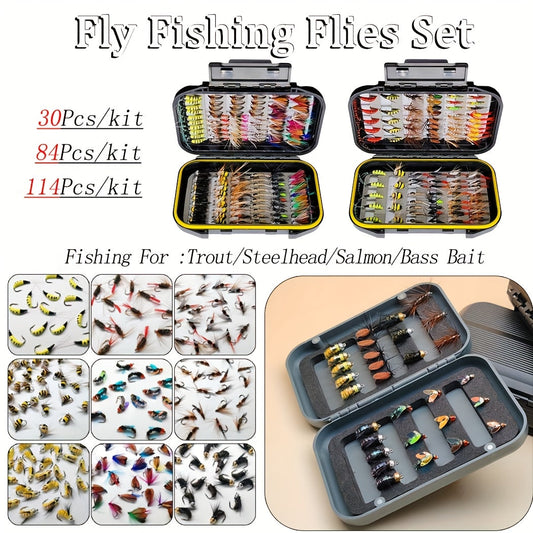 Fly Fishing Flies Kit with Fly Box, Hand-Tied 30, 84 or 114-Piece Assortments