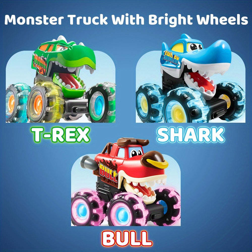 Monster Truck Toy 3-Pack with LED Lights, Press-and-Go Shark, Bull & Dinosaur