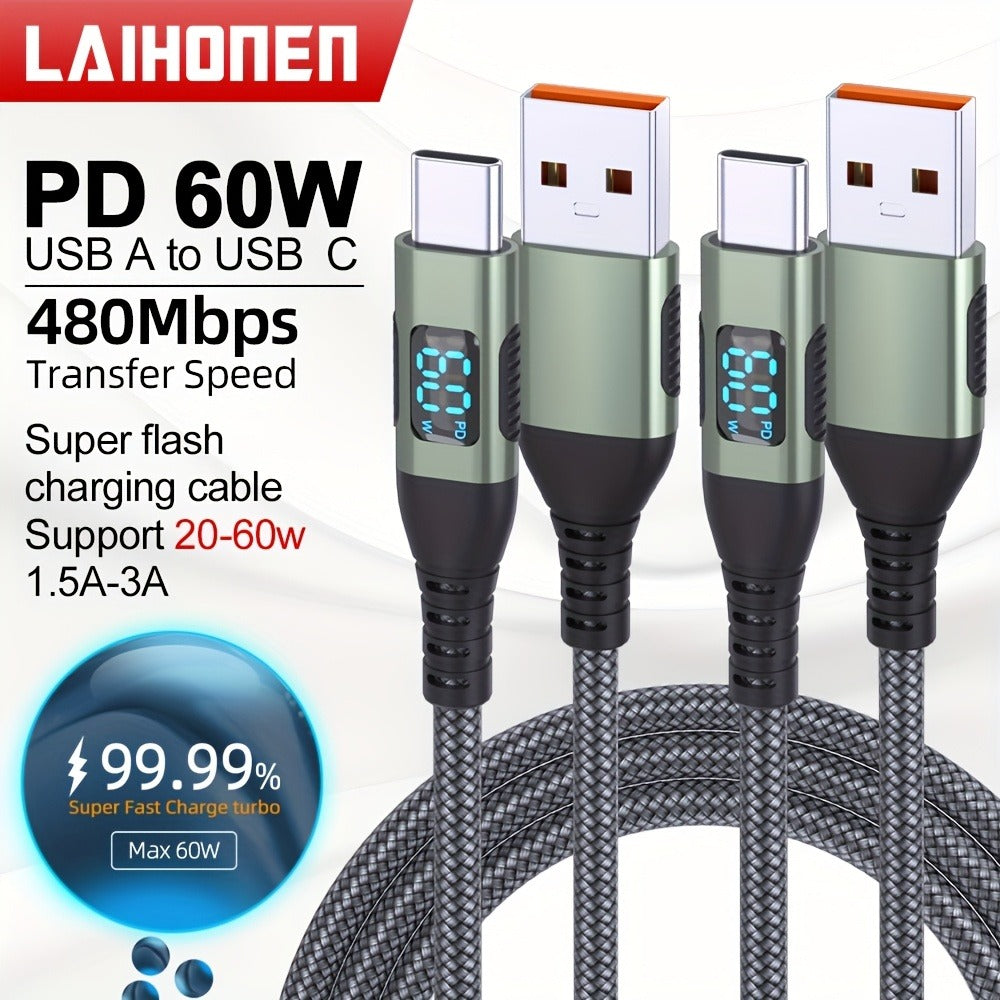 USB-A to USB-C Cable with LED Digital Display, 3A Fast Charging & 480Mbps Data Sync, Nylon Braided Anti-Overheat, for iPhone 15 Samsung Galaxy LG Android – Green (1pc/2pcs)