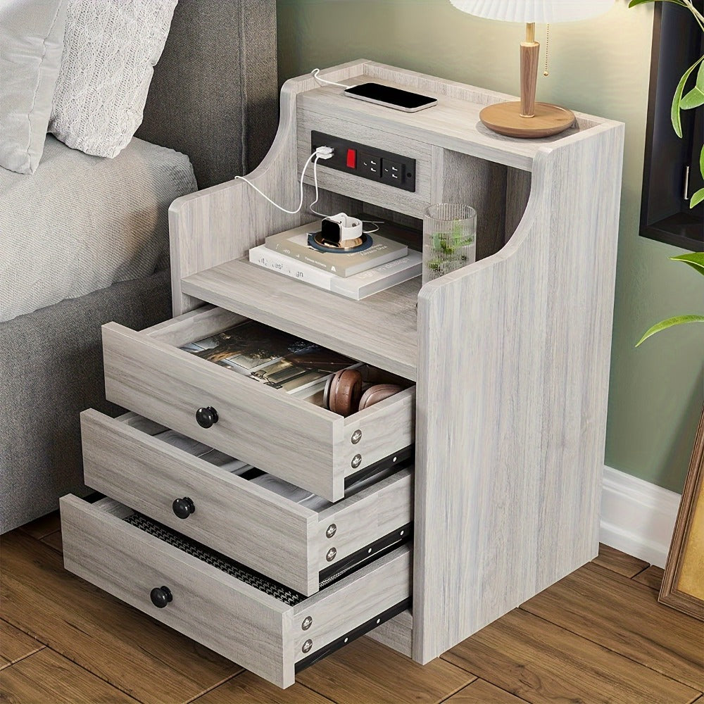 Nightstand with Power Outlets and USB Ports – 3-Drawer Hutch Charging Station | 2 Outlets 2 USB | Bedroom End Table Side Table | 14"D x 17.7"W x 26.8"H | Gray or White | Housewarming Gift
