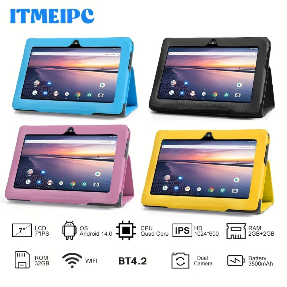 USB-C Android 14 Tablet 7 Inch with Built-in Protective Case, 4GB RAM 32GB ROM Expandable Quad-Core HD IPS Display, Dual Camera WiFi, Compact Stylish Portable Tablet for Students Teens Adults – Blue Yellow Black Pink