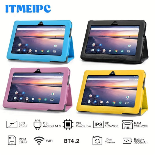 USB-C Android 14 Tablet 7 Inch with Built-in Protective Case, 4GB RAM 32GB ROM Expandable Quad-Core HD IPS Display, Dual Camera WiFi, Compact Stylish Portable Tablet for Students Teens Adults – Blue Yellow Black Pink