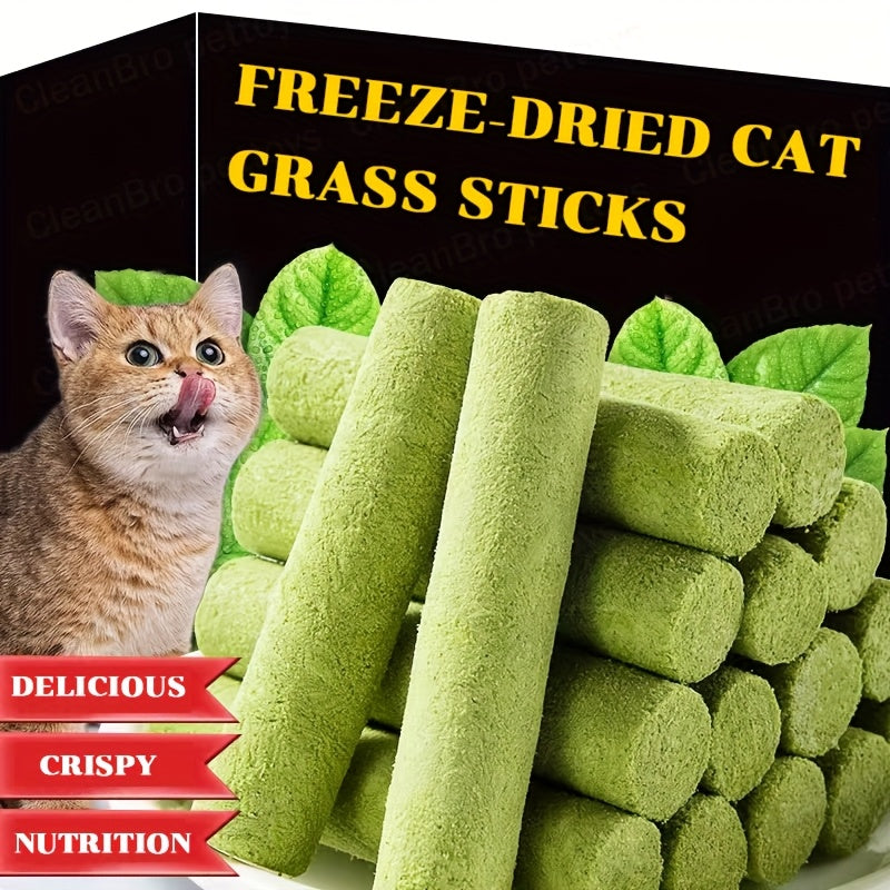 Cat Grass Sticks for Hairballs – Freeze-Dried Treats with Instant Granules & Hair Cream Tablets for Indoor Cats 15pcs
