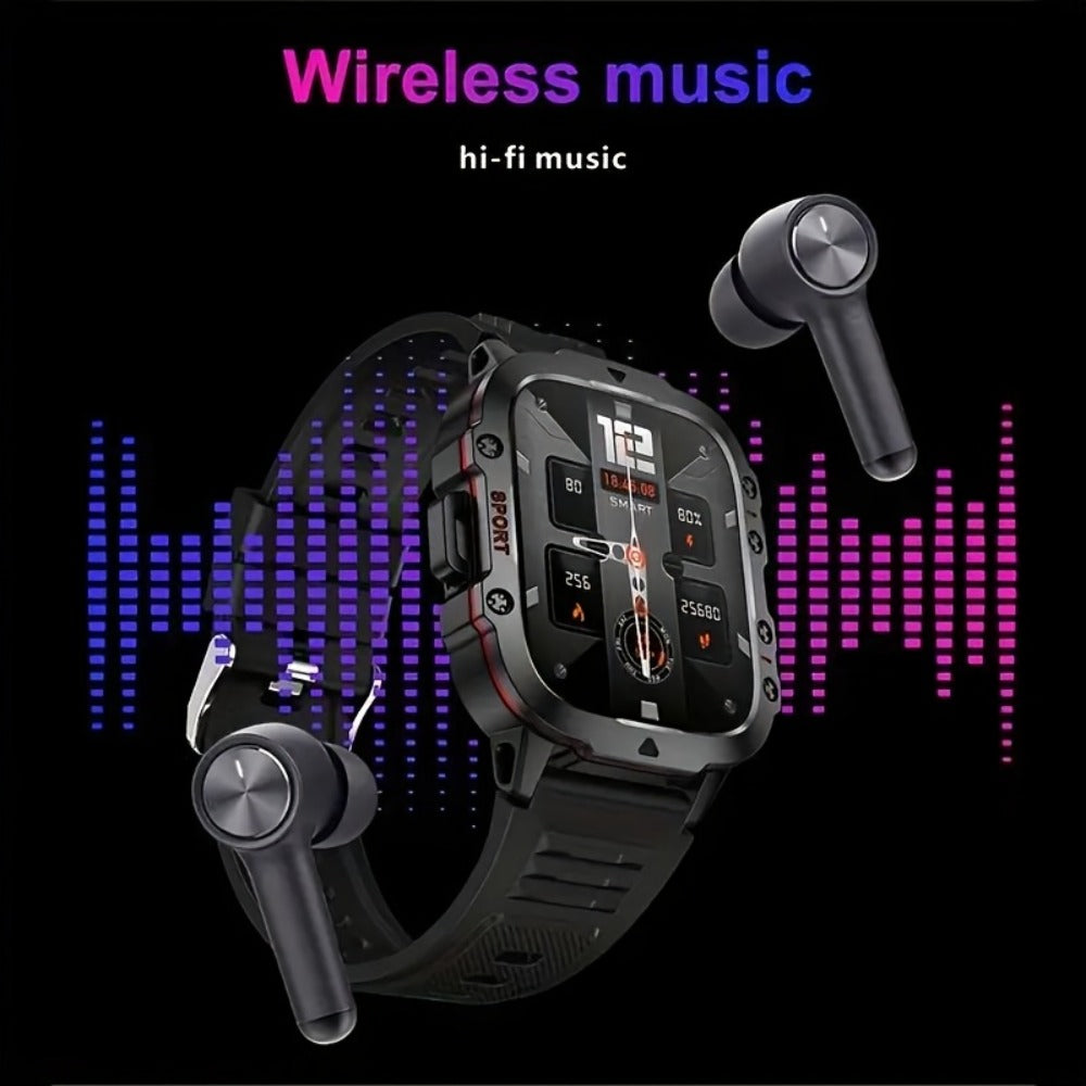 2-in-1 Smartwatch with Wireless Earbuds, Bluetooth Calling & Music Playback, HIFI Sound Quality, HD Lens Camera, Built-in Microphone, UV Protection, Magnetic USB Charging, Dual Strap – Outdoor Sports Smart Watch for Men & Women