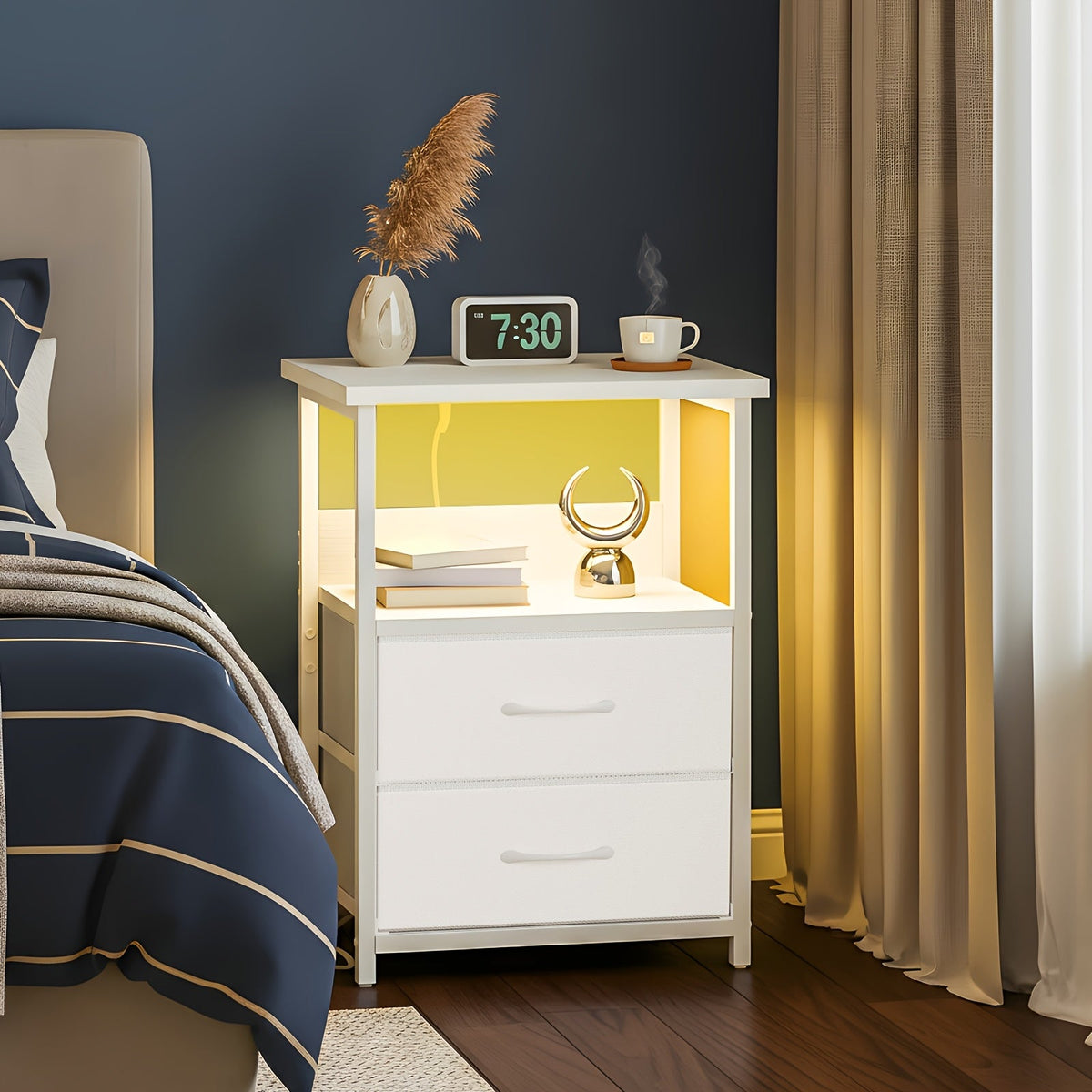 Nightstand with Charging Station & LED Light – USB Ports Outlets Fabric Drawers | PU or Clear Acrylic Desktop | 1pc or 2pcs Matching Set | Smart Bedside Table for Bedroom Dorm Student Room Black White