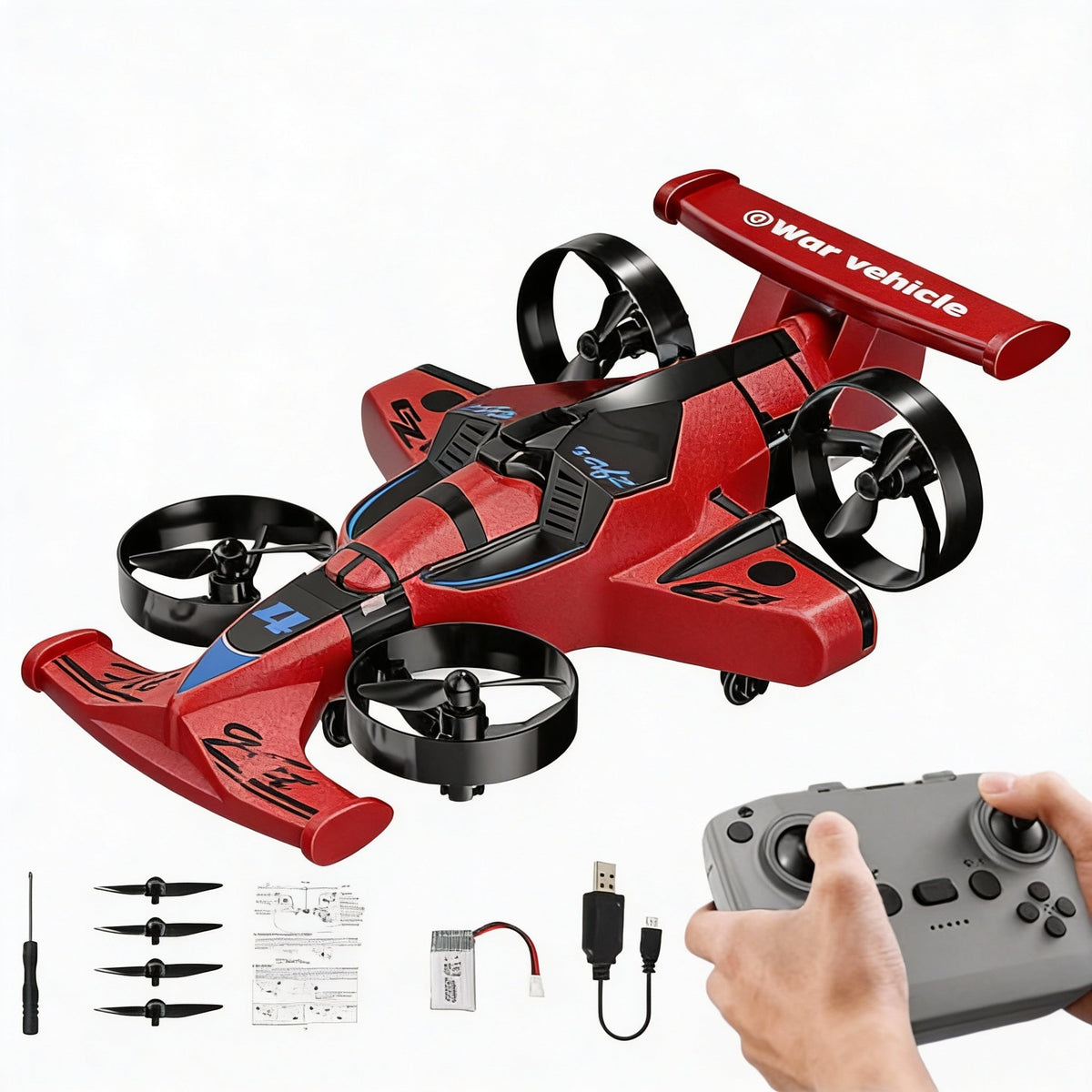 RC Flying Car Drone Combo for Kids – 2-in-1 Remote Control Racing Car & Quadcopter One-Key Takeoff 360° Aerial Flips Stable Hover Durable Foam Body Indoor Outdoor Gift for Boys Girls Age 6+ Red White Purple