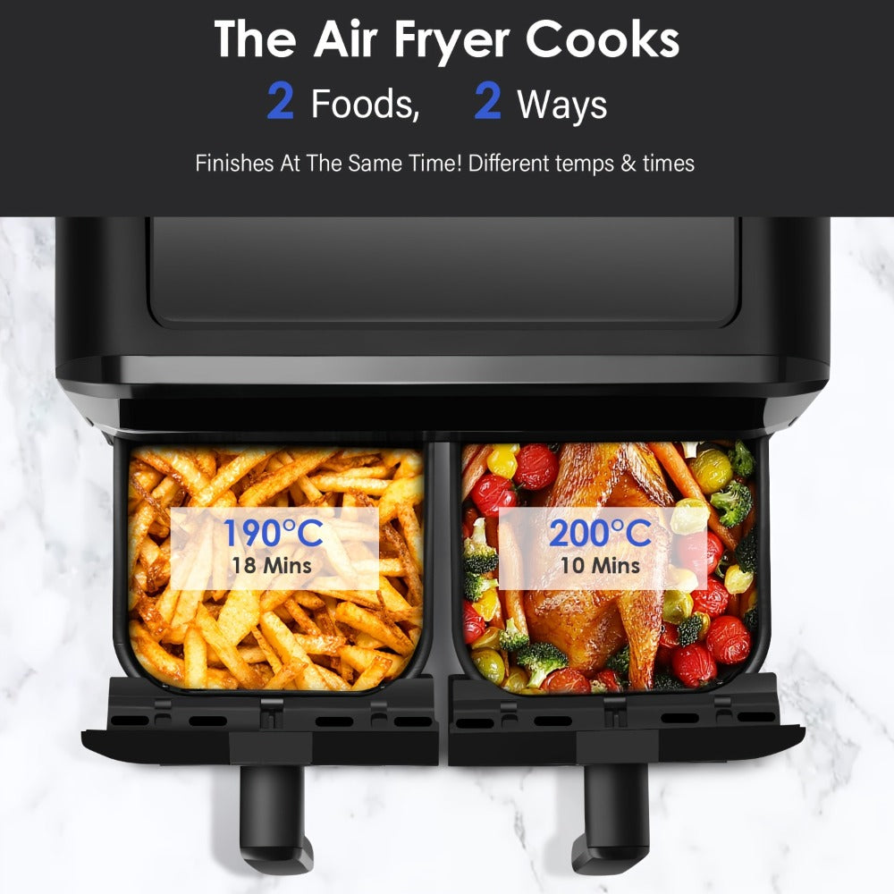 Dual Basket Air Fryer 9.5Qt – 2x4.75Qt Independent Zones, Smart Finish Match Cook, 2400W, 8 Presets, Air Fry Roast Bake Grill, Energy Saving Family-Size Double Basket Air Fryer